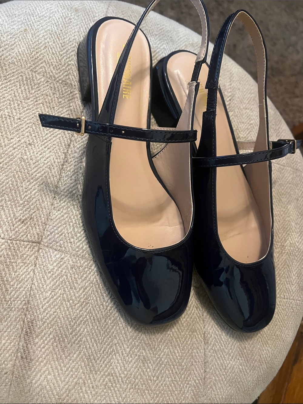 Navy Patent Slingback Pumps with Ankle Strap - Women 8.5